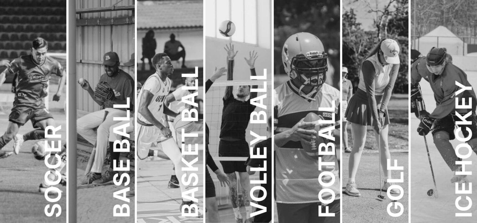 Soccer, baseball, basketball, volleyball, football, golf and ice hockey athletes